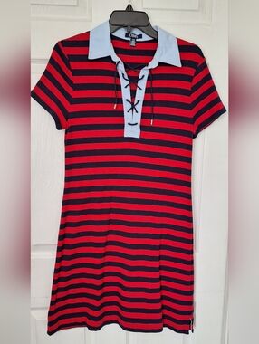 Chaps Striped Polo Dress Womens Size L Red Navy Lace Up Casual Short Sleeve